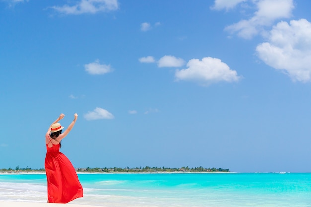 Giovane donna con cappello durante le vacanze di spiaggia tropicale. Punto di vista posteriore della ragazza felice che gode delle sue vacanze