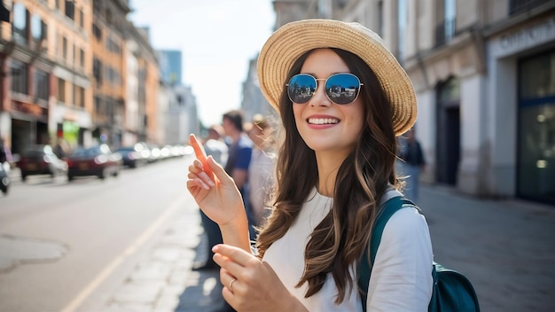 Giovane donna con cappello e occhiali da sole in un tour della città