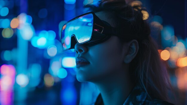 Giovane donna con casco VR che sperimenta un'esperienza immersiva di notte