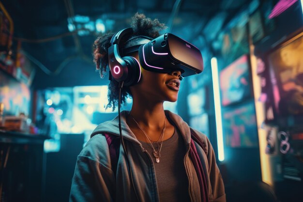 Giovane donna con cuffie da realtà virtuale nel metaverso di gioco della città futuristica