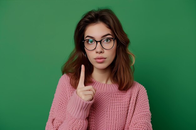 Giovane donna con gli occhiali che indica splendidamente