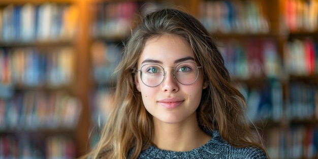 Giovane donna con gli occhiali contro gli scaffali della biblioteca