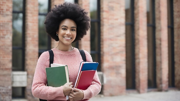 Giovane donna con i capelli afro che indossa un maglione rosa e tiene in mano dei libri di testo