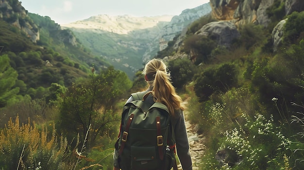 Giovane donna con i capelli biondi e la coda di cavallo che indossa un maglione verde e uno zaino in escursione su un sentiero di montagna