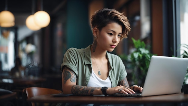 Giovane donna con i capelli corti che lavora sul portatile in un caffè Sorridendo e guardando la telecamera Ragazza con un tatuaggio freelance o studente che lavora su un portatile al tavolo