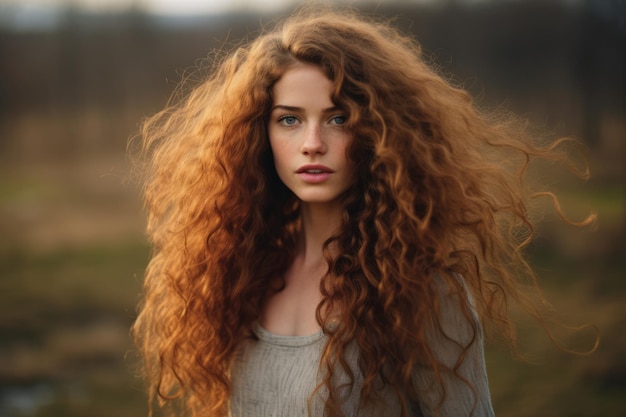 Giovane donna con i capelli lunghi e ricci che guarda la telecamera