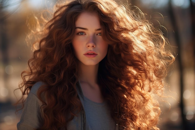 Giovane donna con i capelli lunghi e ricci che guarda la telecamera