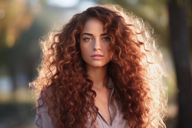 Giovane donna con i capelli lunghi e ricci che guarda la telecamera