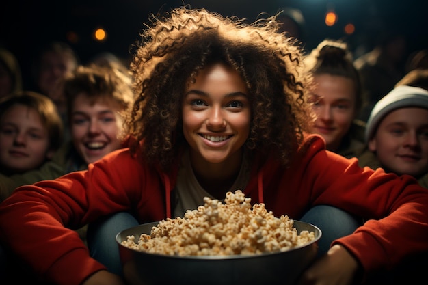 giovane donna con i capelli ricci seduta al cinema e guardando il film mangiando gustosi popcorn e godendosi