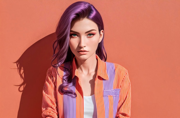 Giovane donna con i capelli viola in giacca Ritratto di una bella donna con un'immagine luminosa IA generativa