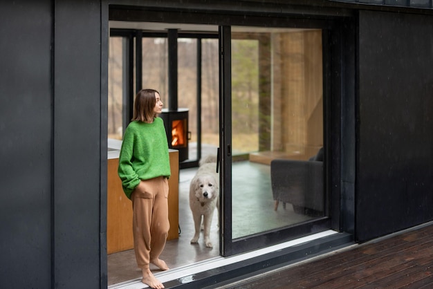 Giovane donna con il suo cane in una casa moderna sulla natura
