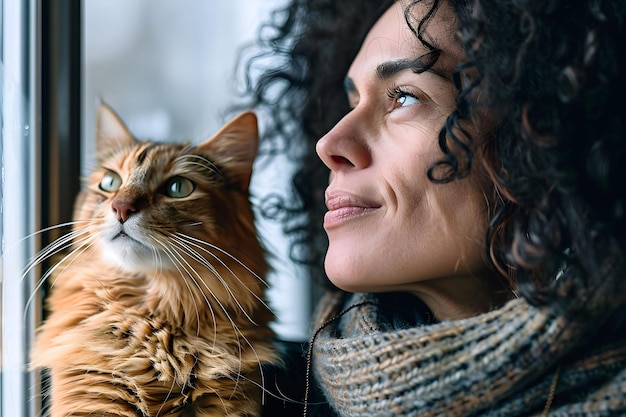 Giovane donna con il suo gatto tra le braccia che guarda attraverso la finestra in una giornata di pioggia Concept lifestyle