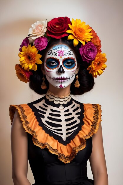 Giovane donna con il trucco del teschio di zucchero e fiori tra i capelli