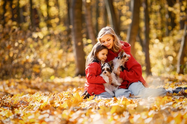 Giovane donna con la bambina che si siede su una coperta nella foresta di autunno. Una donna bionda gioca con sua figlia e tiene in mano due yorkshire terrier. Madre e figlia che indossano jeans e giacche rosse.