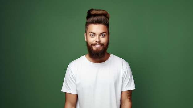 Giovane donna con la barba che indossa un modello di camicia bianca sullo sfondo verde