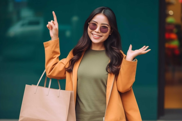 Giovane donna con la borsa della spesa Concetto di acquisto