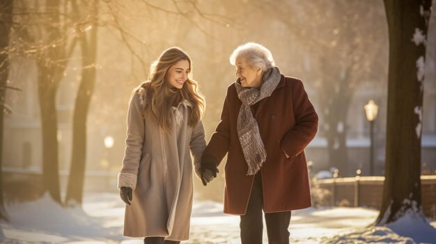 Giovane donna con la nonna anziana nel parco in inverno Aiuto per gli anziani in inverno