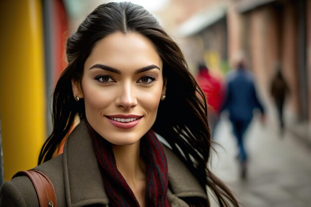 Giovane donna con la pelle perfetta che cammina per strada Ai generato