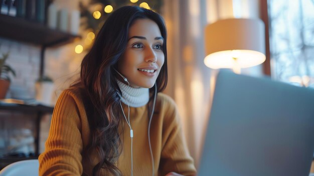 Giovane donna con le cuffie che sorride mentre guarda lo schermo del suo portatile È seduta in una stanza accogliente con luci di fate sullo sfondo