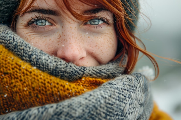 Giovane donna con le freccette avvolta in una confortevole sciarpa che si diverte in una giornata invernale innevata all'aperto