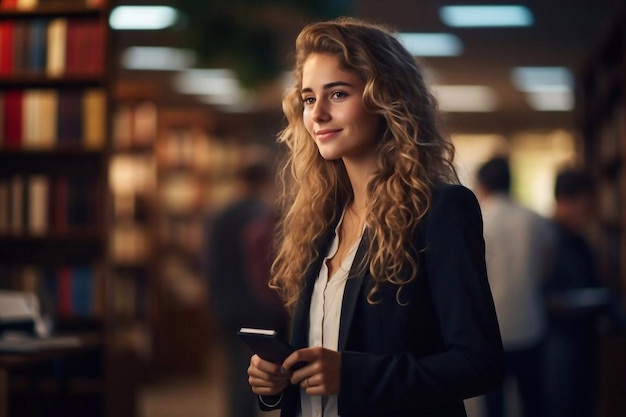 Giovane donna con libri che parla al telefono in biblioteca Spazio per il testo