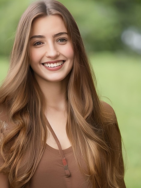 Giovane donna con lunghi capelli castani che sorride guardando la telecamera