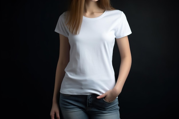 Giovane donna con maglietta bianca bianca Modello di mockup della camicia Copia spazio per la stampa grafica del logo del testo Tshirt mock up Vista frontale ravvicinata IA generativa