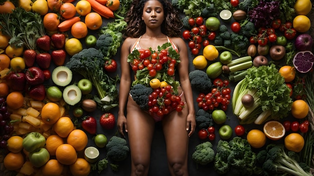 Giovane donna con molti frutti e verdure Concetto di cibo sano