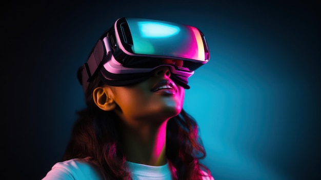 Giovane donna con occhiali VR immersa nel cyberspazio interagisce con oggetti in realtà virtuale