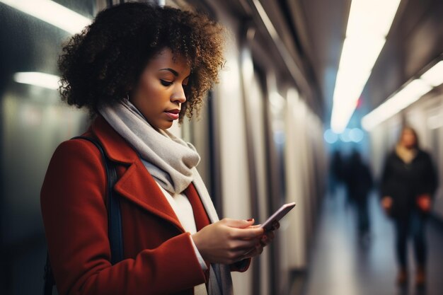 Giovane donna con smartphone nella metropolitana scorre i messaggi completamente assorbita dal mondo digitale