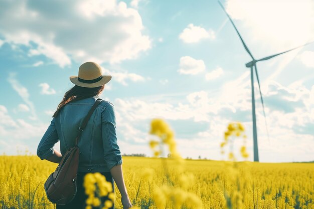 Giovane donna con un cappello di paglia in piedi in un campo di stupro giallo e guardando le turbine eoliche