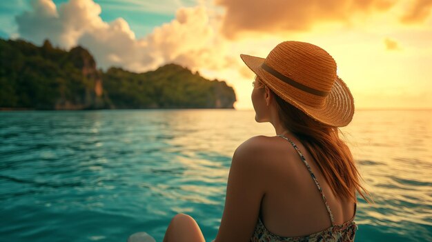 Giovane donna con un cappello di paglia seduta sul bordo del mare e godendosi il tramonto