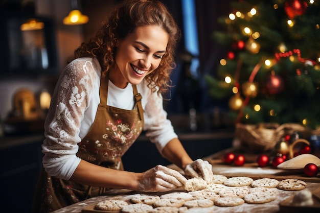 Giovane donna con un grembiule sorridente e bellissima che fa pasta AI generativa