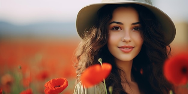 Giovane donna con un vestito vintage che tiene un fiore di papavero rosso al viso in un vivace campo di papaveri AI generativa