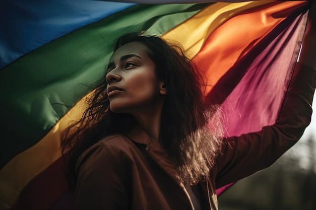 Giovane donna con una bandiera arcobaleno nel suo concetto di libertà della mano