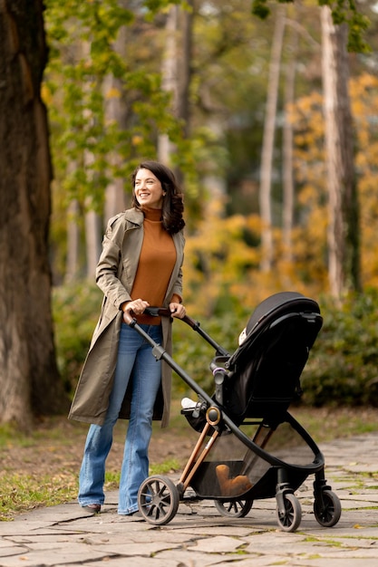 Giovane donna con una carina bambina in passeggino al parco d'autunno