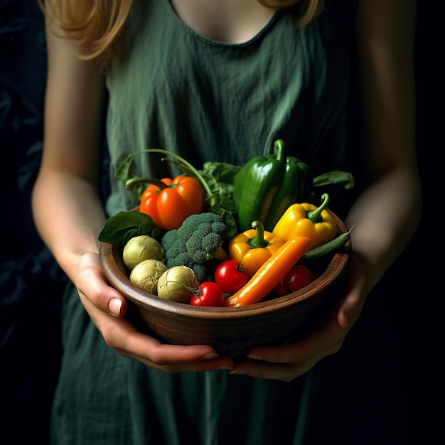 Giovane donna con una ciotola di verdure fresche concetto di alimentazione sana