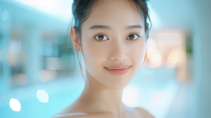 Giovane donna con una pelle luminosa e sana ritratto di bellezza concetto di cura della pelle ragazza asiatica modello viso trucco perfetto cosmetologia spa donna felice che posa su sfondo blu studio