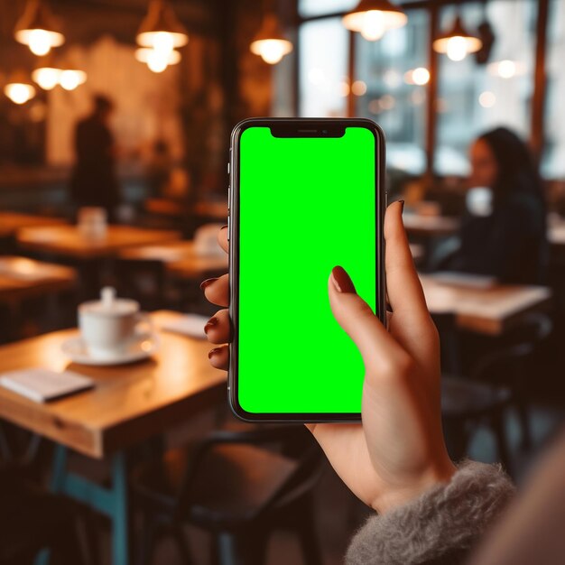 Giovane donna con uno smartphone con schermo di mockup verde
