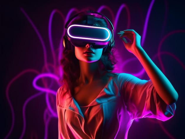 Giovane donna con visore VR e sperimentando il metaverso della realtà virtuale e il mondo fantastico