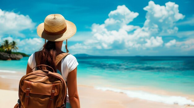 Giovane donna con zaino e cappello sulla spiaggia che guarda il mare concetto di vacanza estiva AI generativa