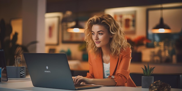 Giovane donna concentrata che lavora su un laptop in un ambiente serale accogliente, ufficio domestico informale, moderno stile di vita di lavoro a distanza AI