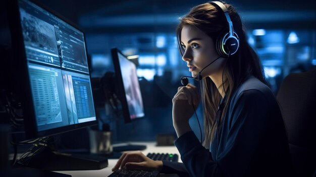 Giovane donna concentrata con le cuffie che lavora fino a tardi in un ambiente di ufficio ad alta tecnologia