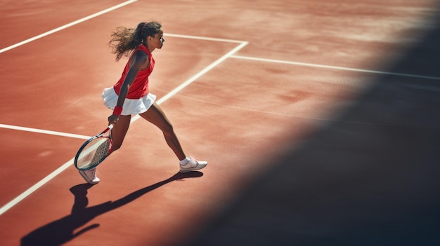 Giovane donna concentrata in abbigliamento sportivo che gioca a tennis sul campo da tennis campione di un giorno di sole