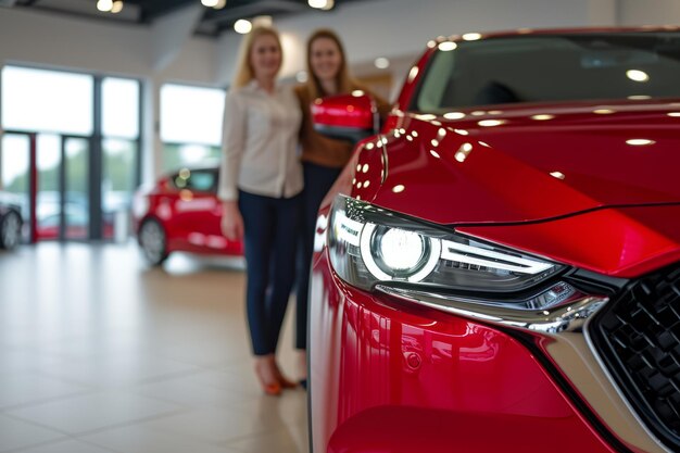 Giovane donna concessionaria di auto rivenditore che parla con il cliente acquirente venditore chiacchierata chiacchierata cliente manager