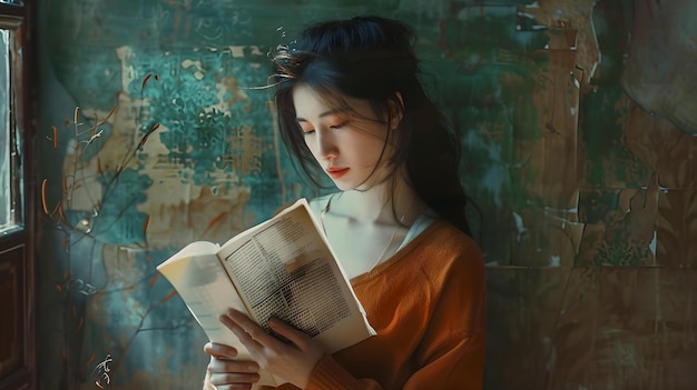 Giovane donna contemplativa che legge un libro in una stanza rustica ritratto artistico intimo con sfondo tessuto immagini tranquille e emozionanti per spazi tranquilli AI