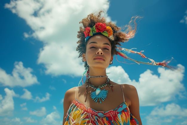 Giovane donna contro il cielo in abiti etnici festival in stile boho