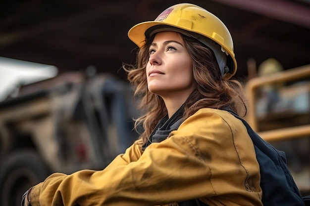 Giovane donna costruttore in uniforme da costruzione e casco di sicurezza con vista laterale