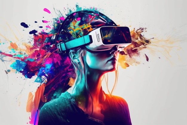 Giovane donna creativa che utilizza l'innovativa tecnologia digitale delle cuffie da realtà virtuale per divertimento