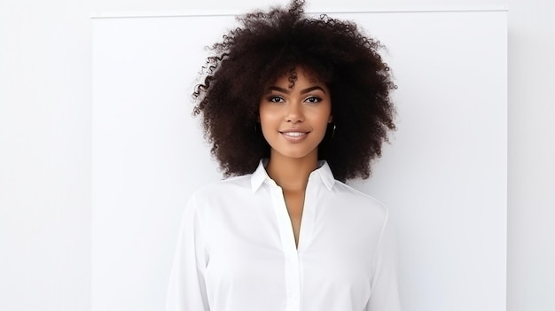 Giovane donna d'affari afroamericana sorridente su sfondo bianco o trasparente